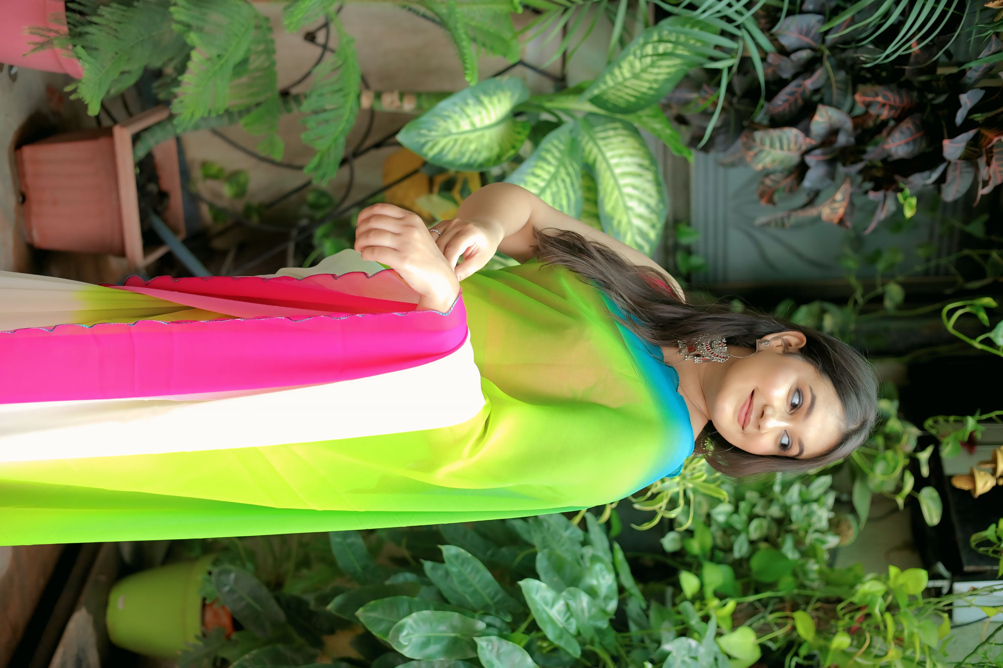 Radiant Hues – Fox Georgette 3-Shade Saree with Fancy Arc