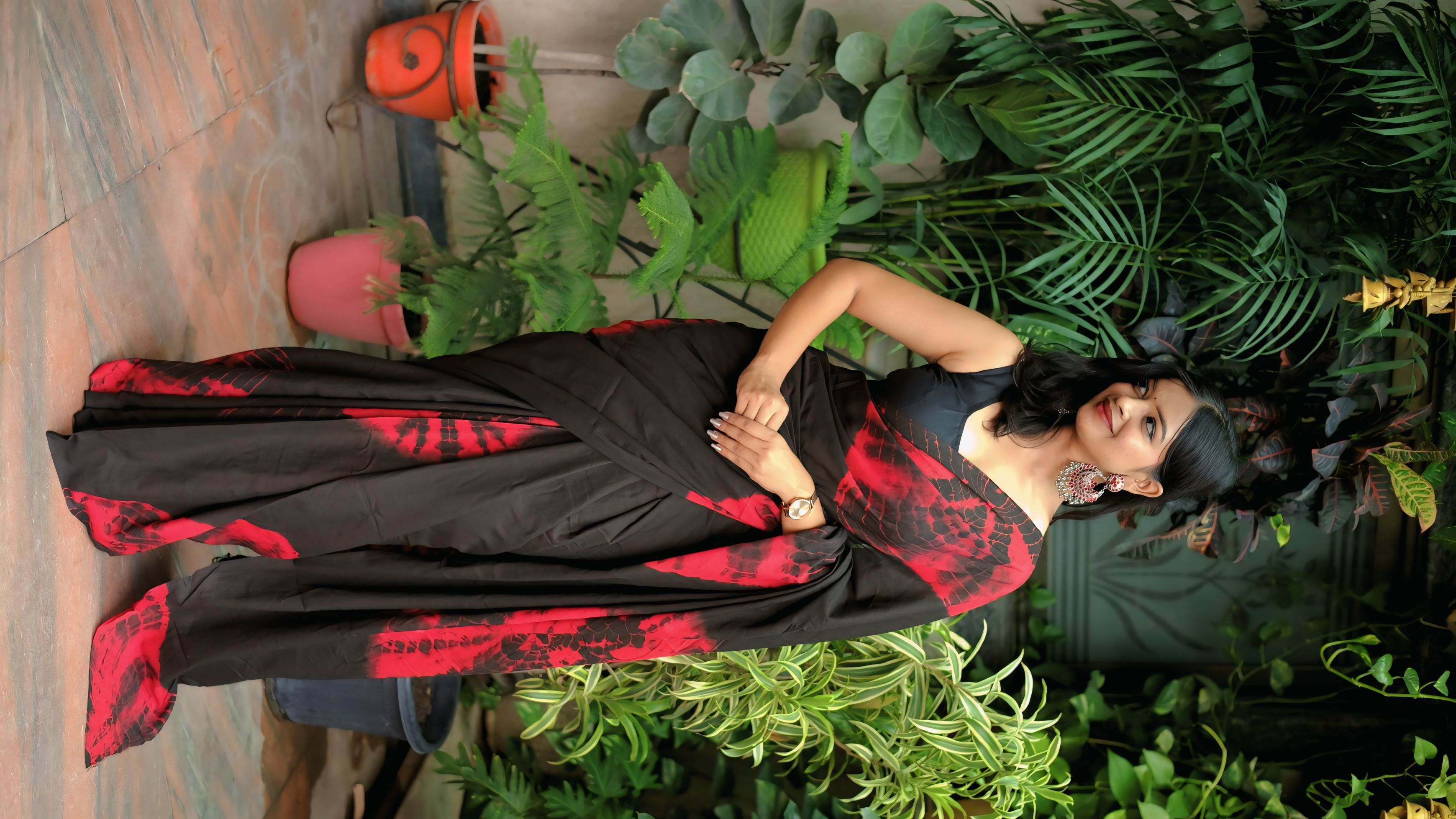 Black & Red Satin Printed Saree