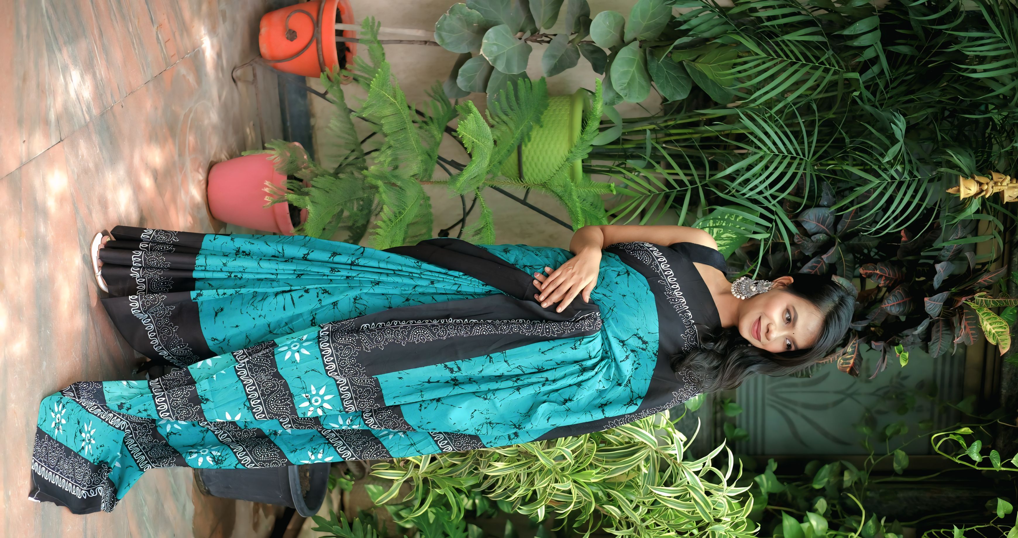 Teal & Black Mulmul Cotton Printed Saree