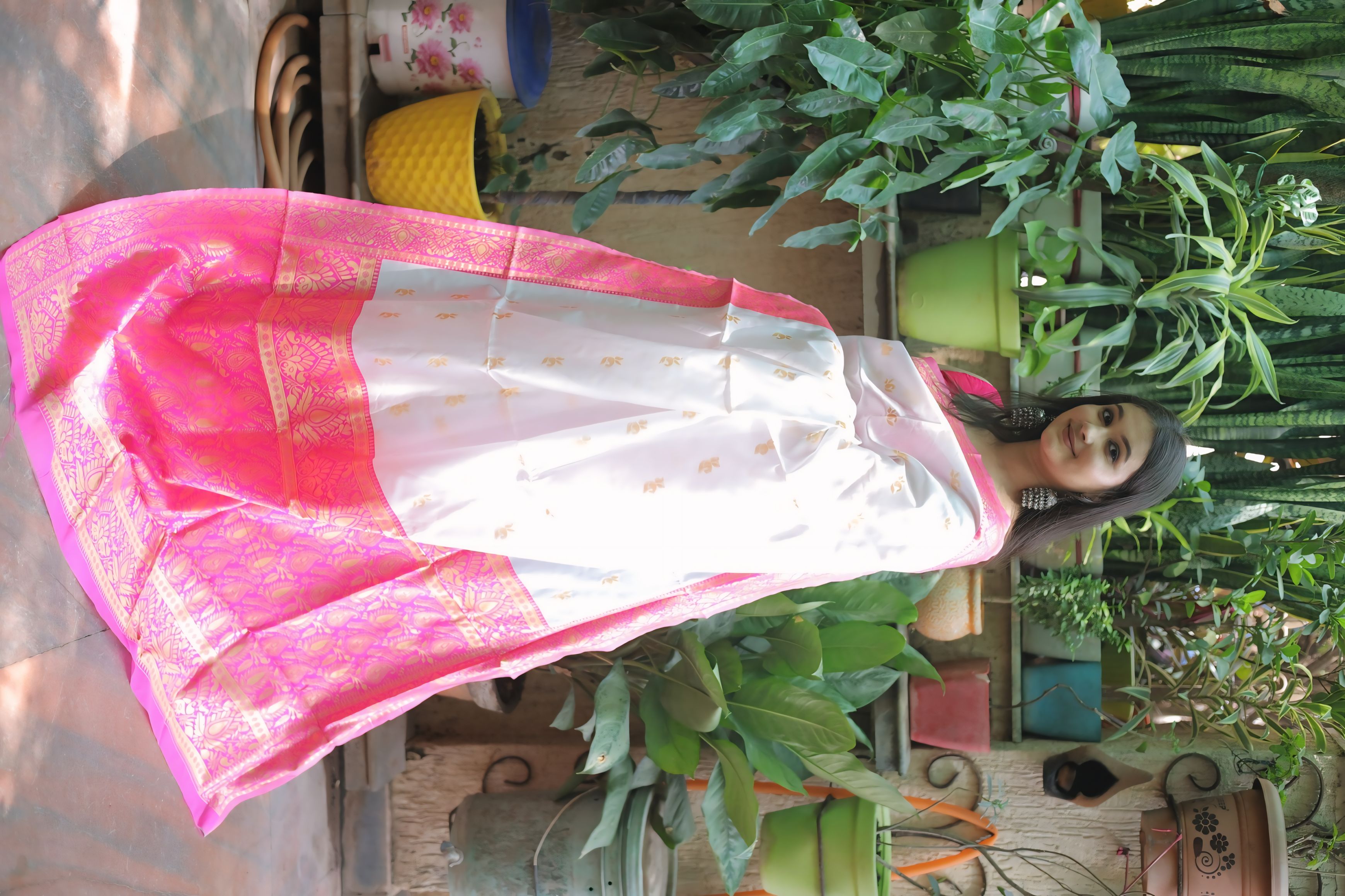Pink & White Litchi Silk Jacquard Word Saree