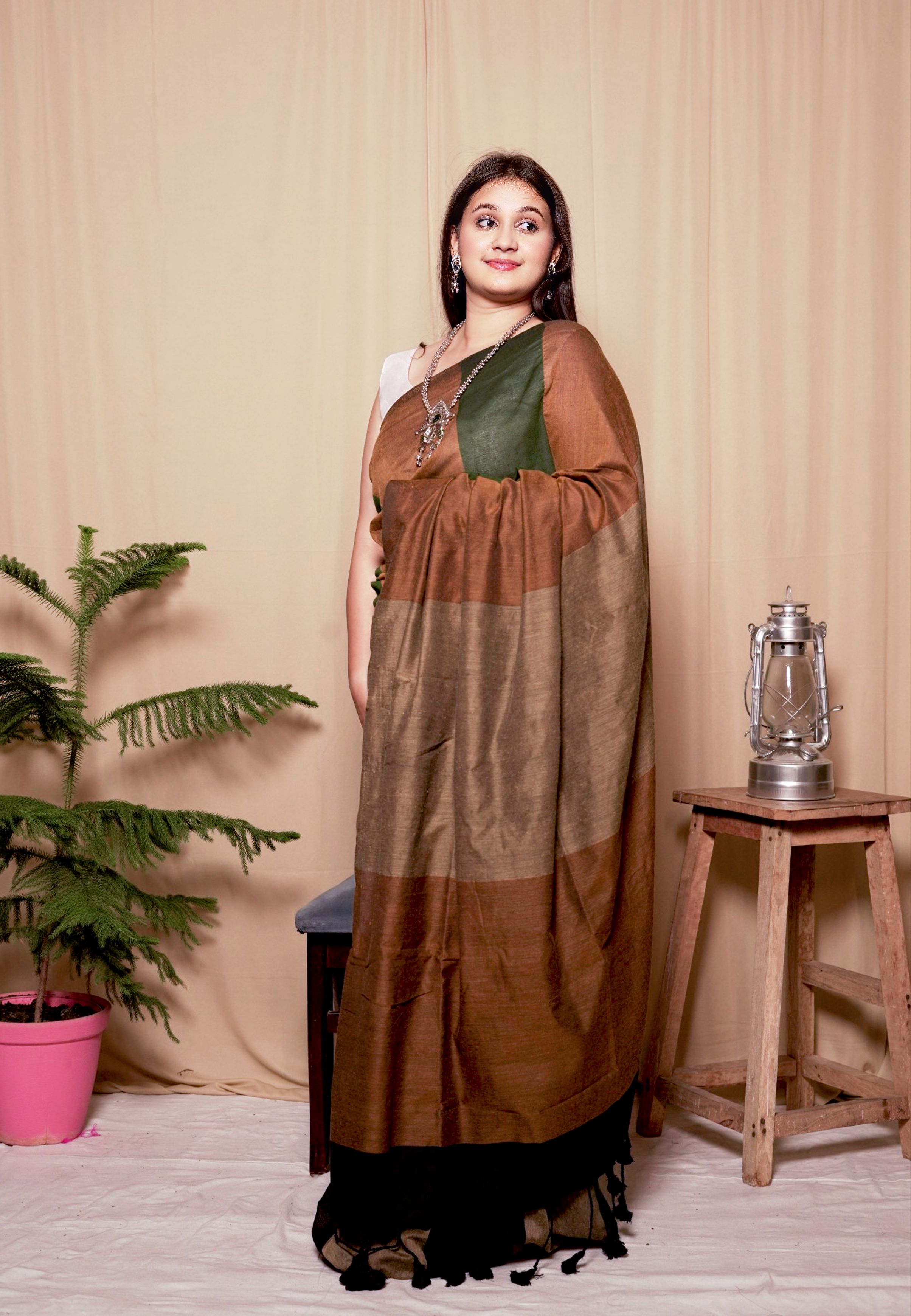 Brown & Green Handloom Khadi Cotton Colorblock Saree