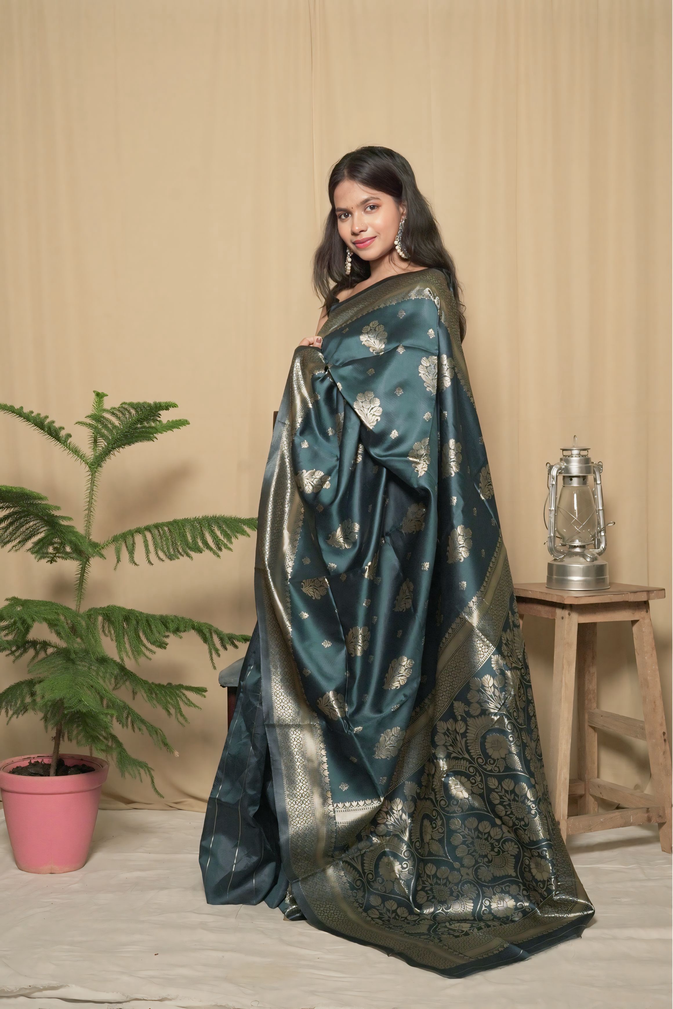 Teal Litchi Silk Jacquard Work Saree