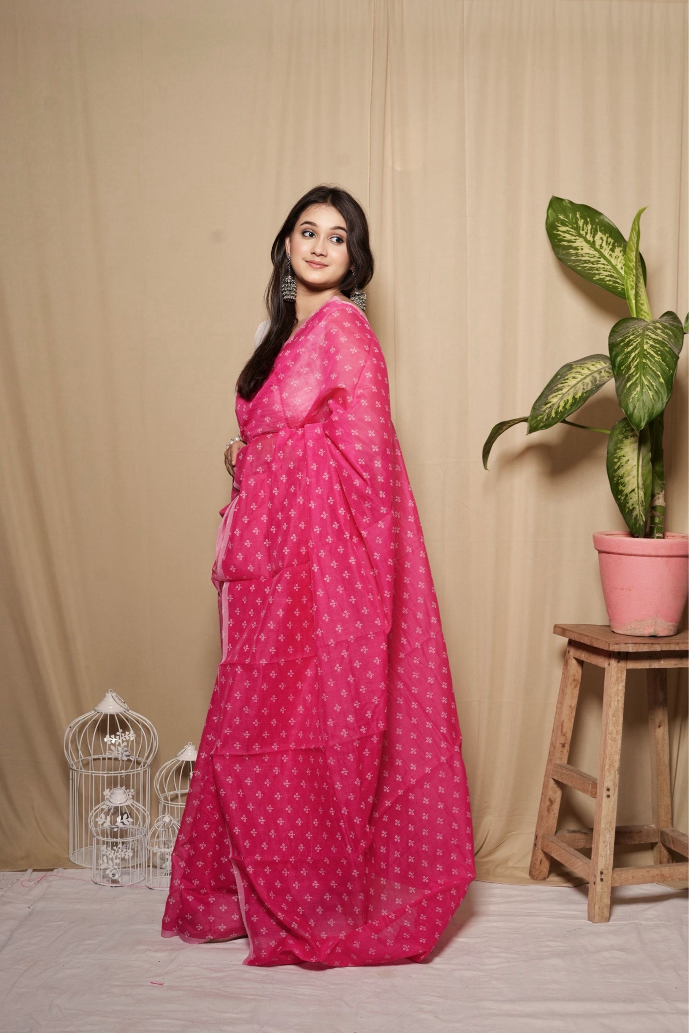 Vibrant Pink Handloom Chanderi Cotton Printed Saree