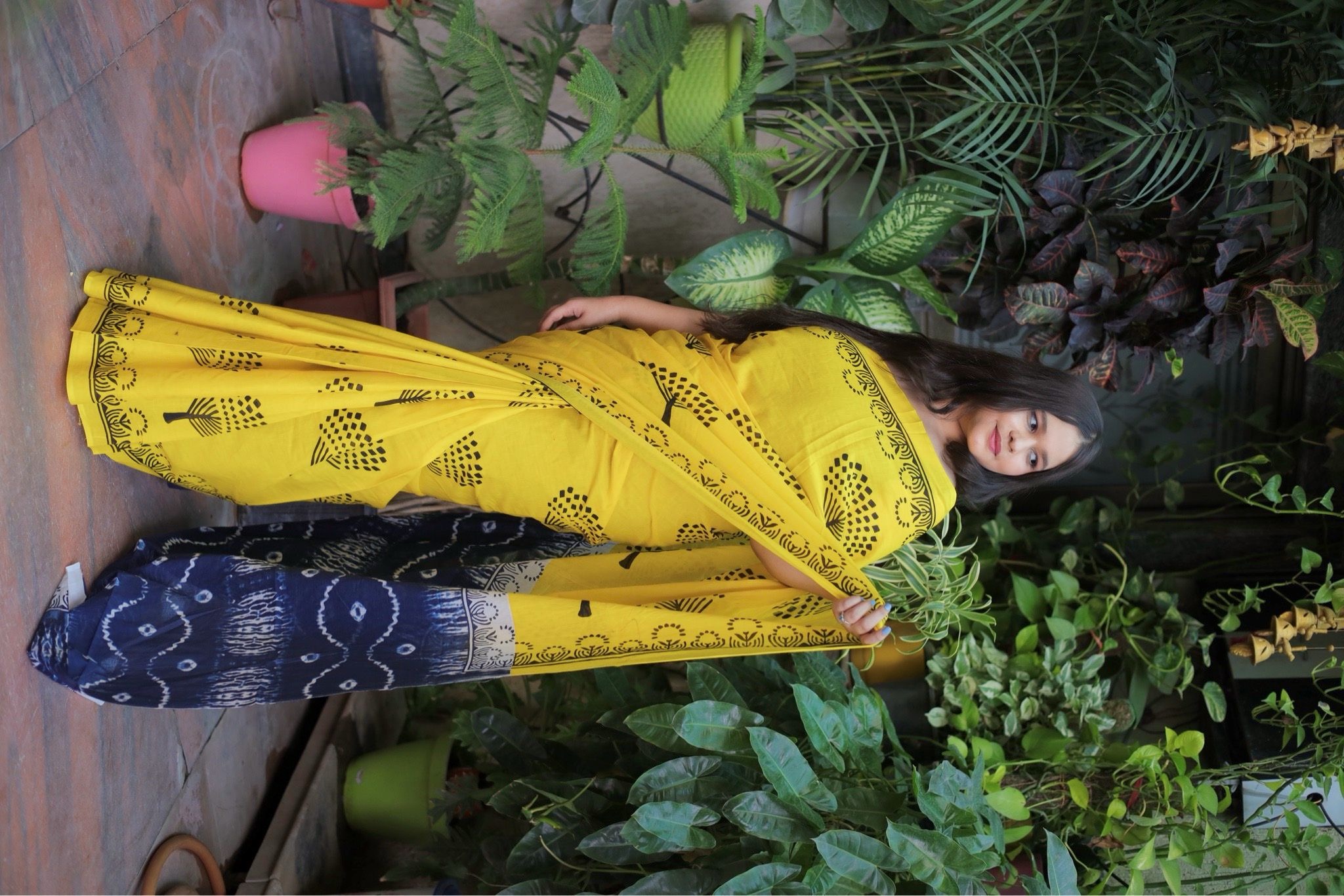 Yellow & Black Mulmul Cotton Printed Saree