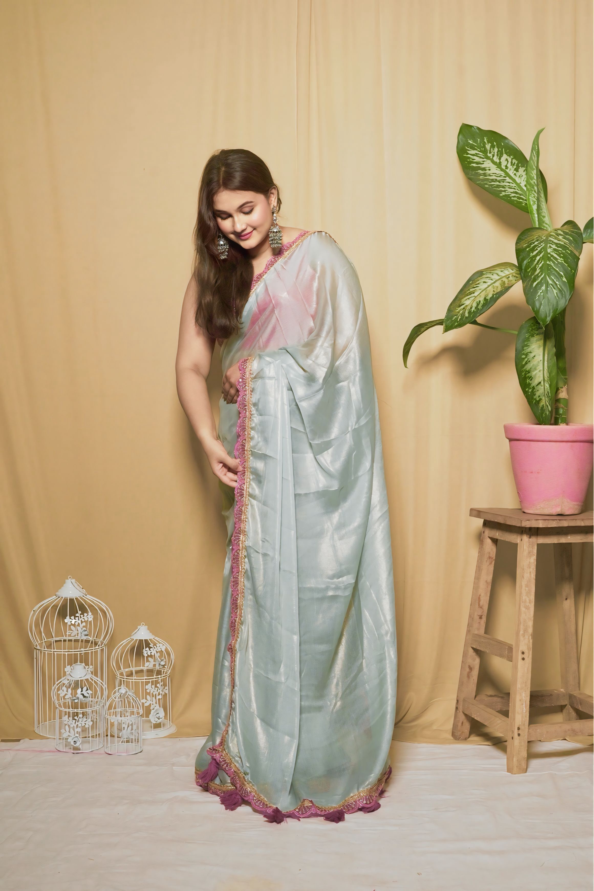 Silvery Gold Tissue Georgette Solid Saree