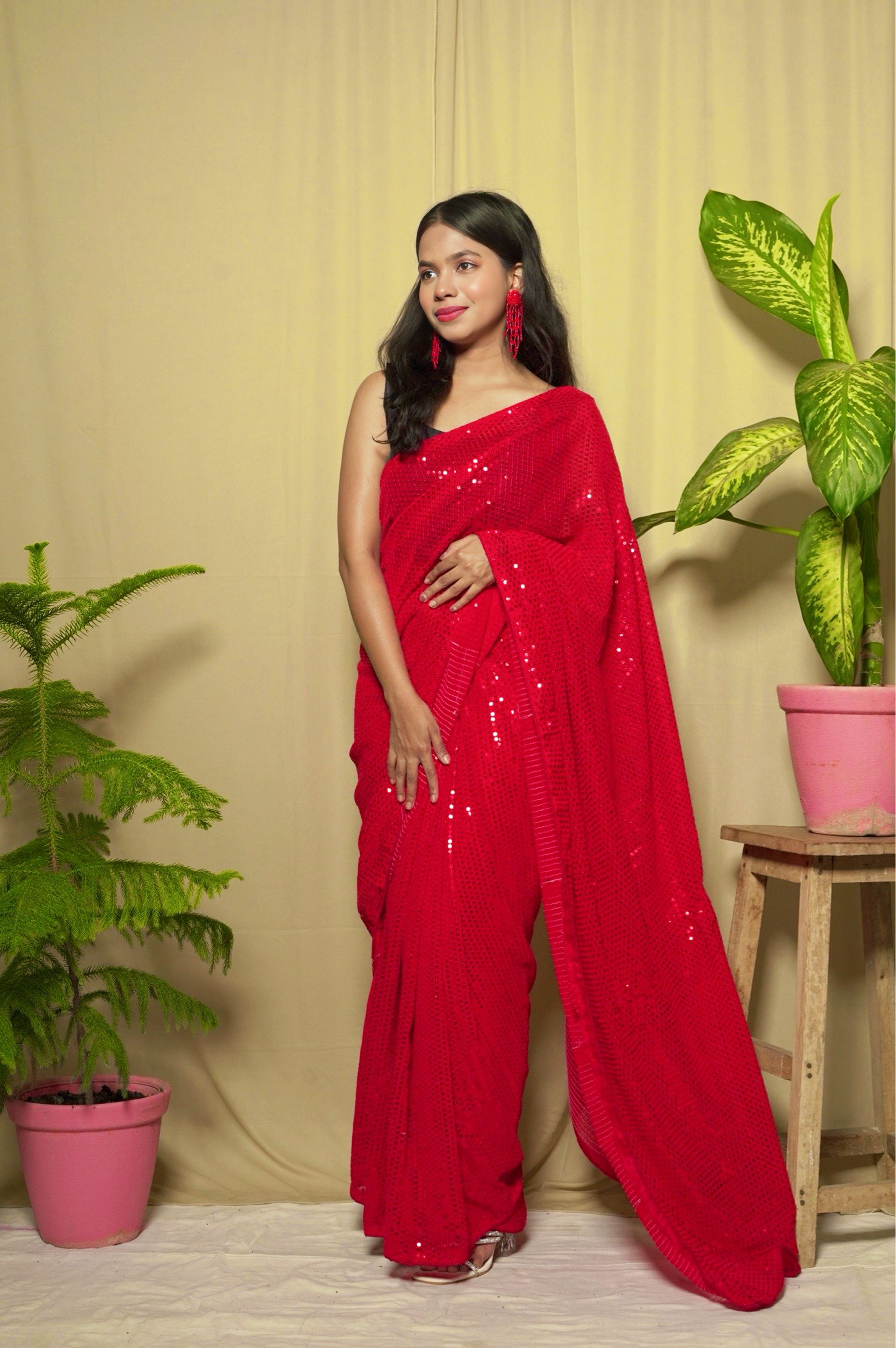 Red Georgette Sequin Work Saree
