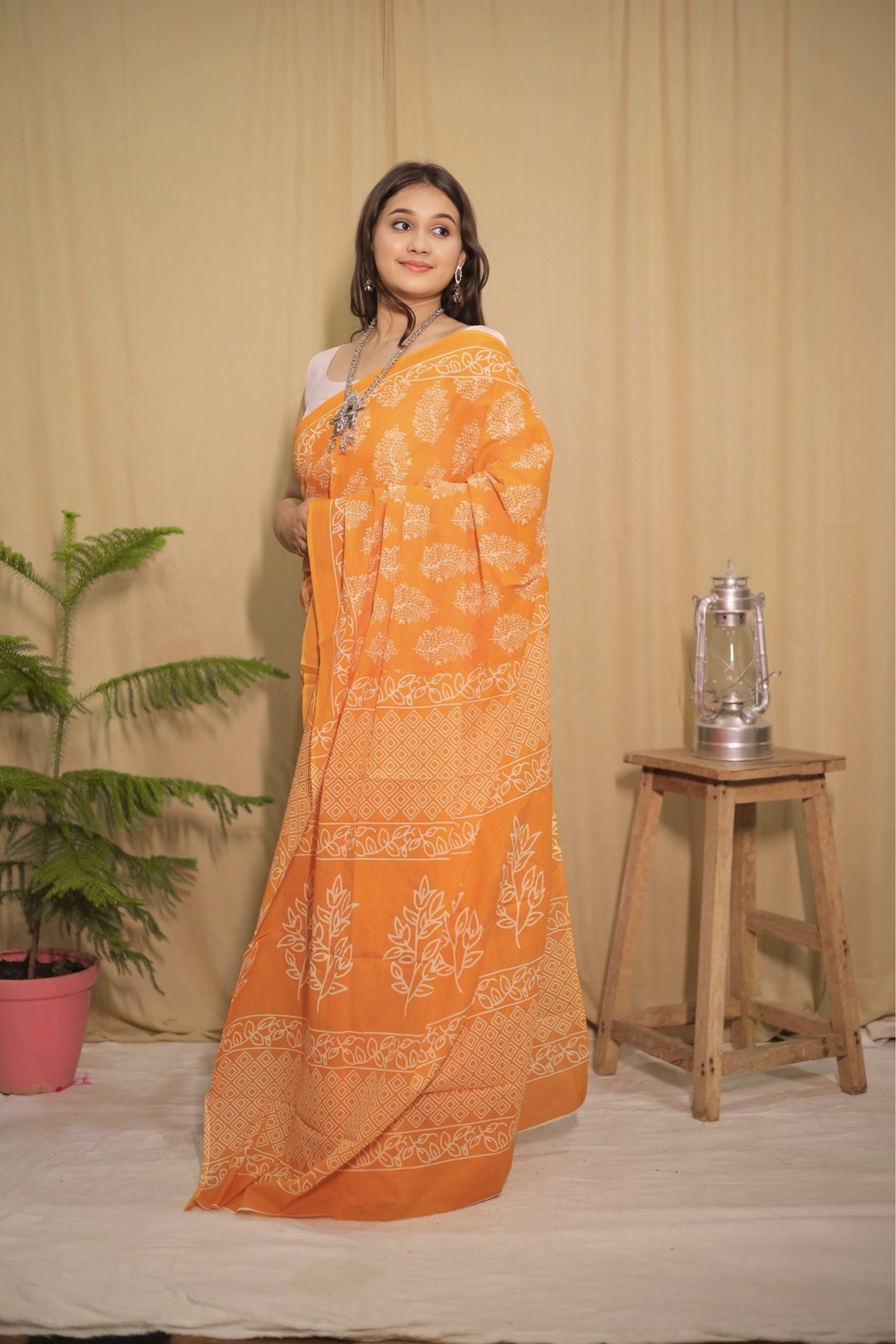 Orange Cotton Printed Saree