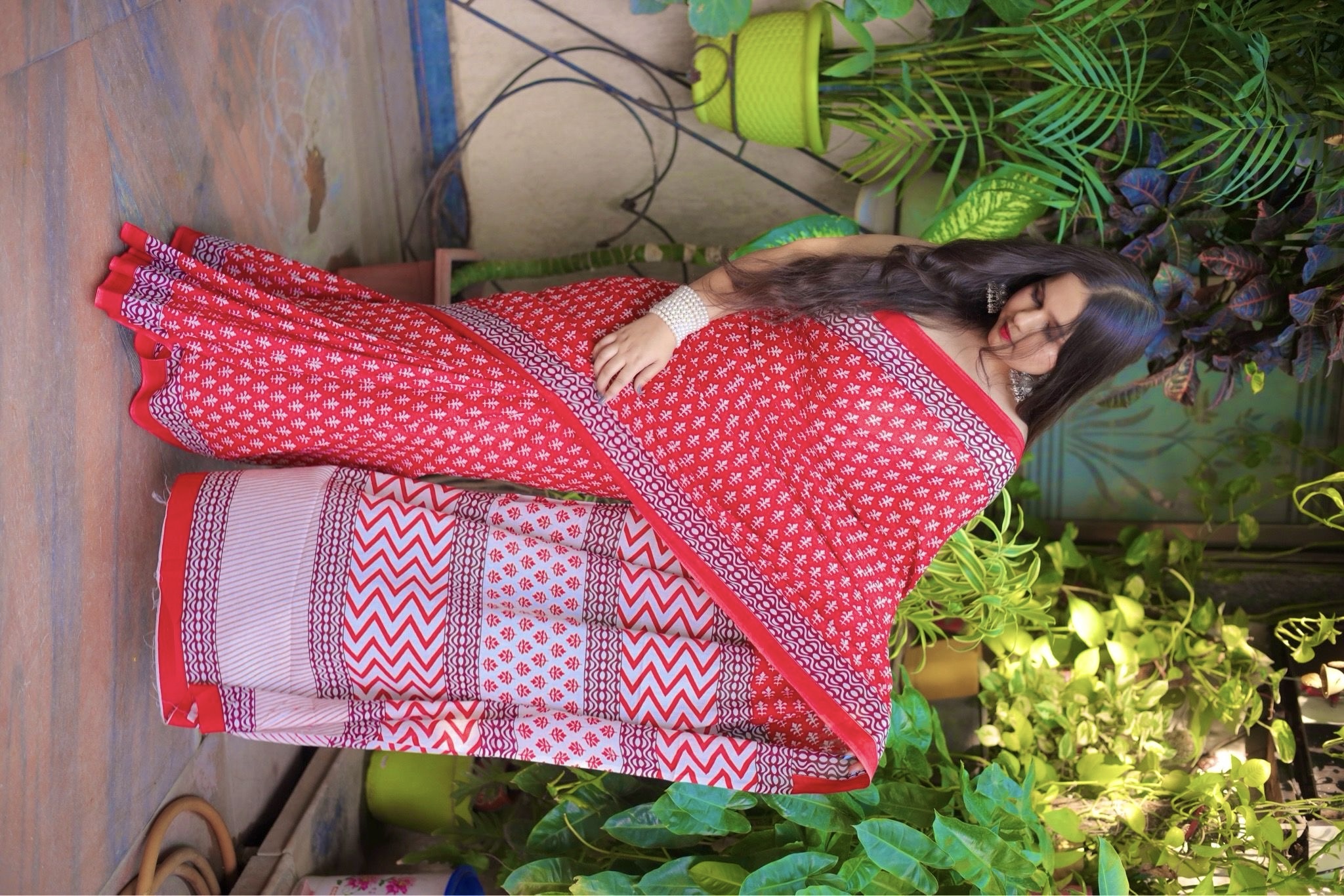 Red With White Mulmul Cotton Printed Saree
