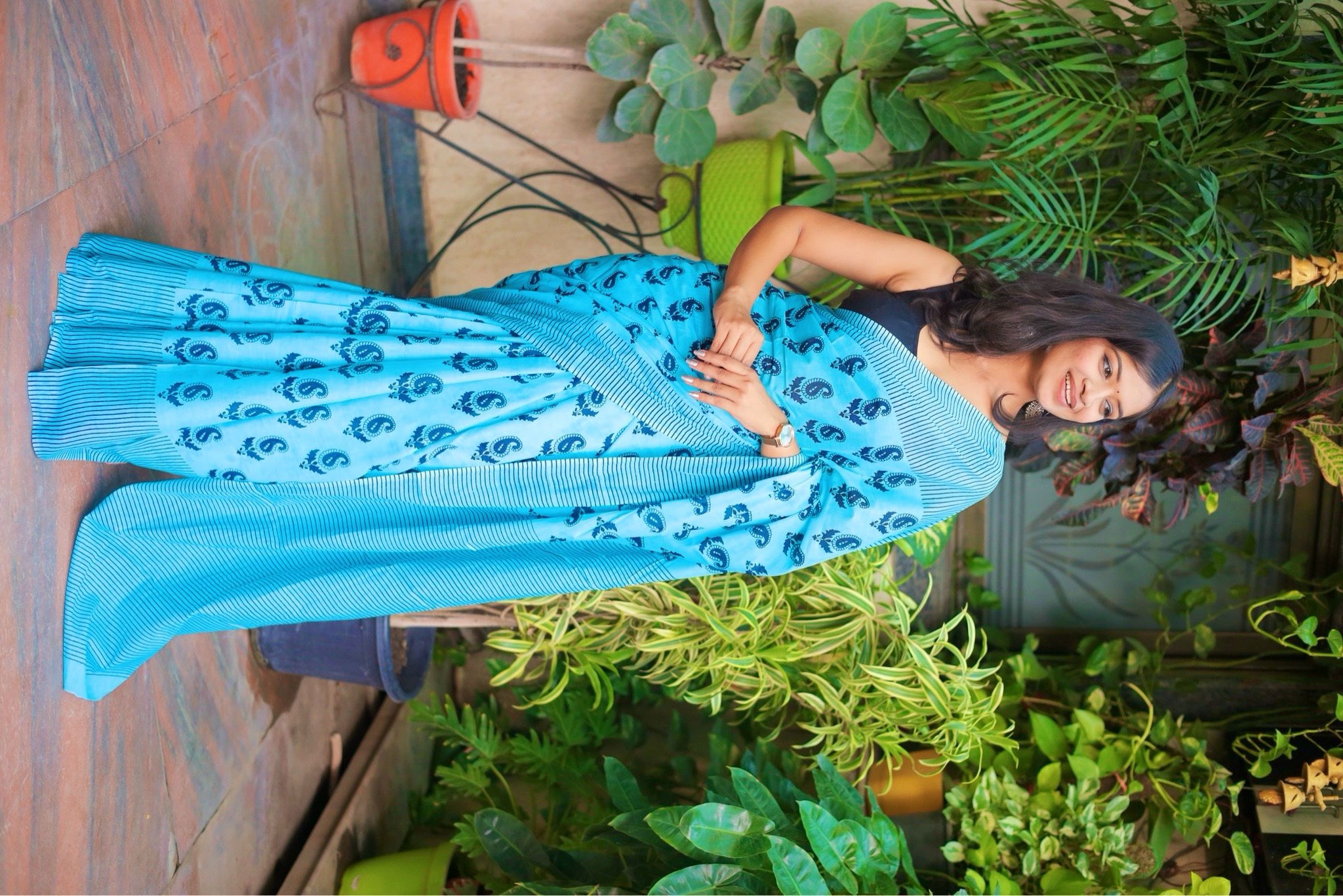 Light Blue Mulmul Cotton Printed Saree