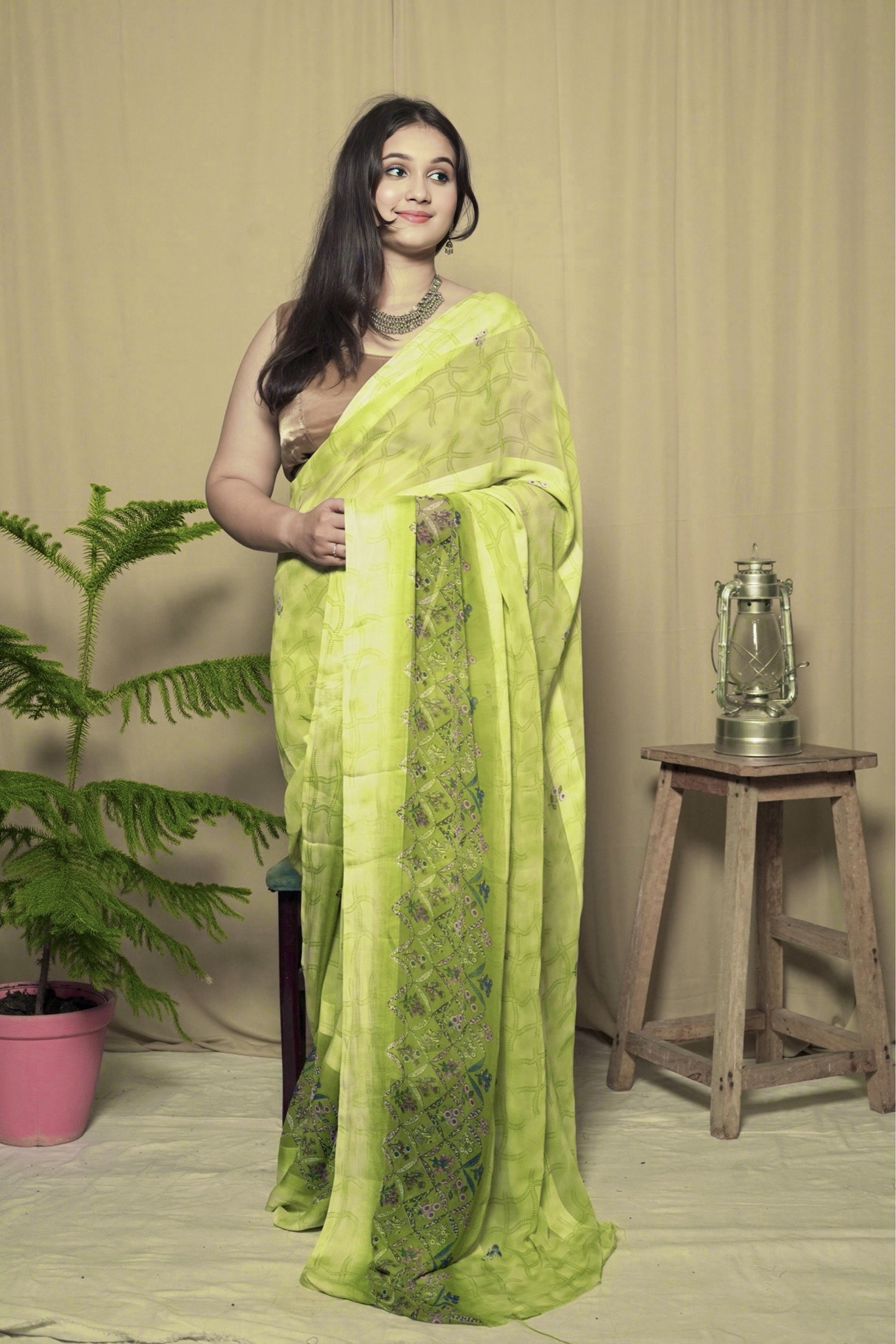Light Green Georgette Printed Saree