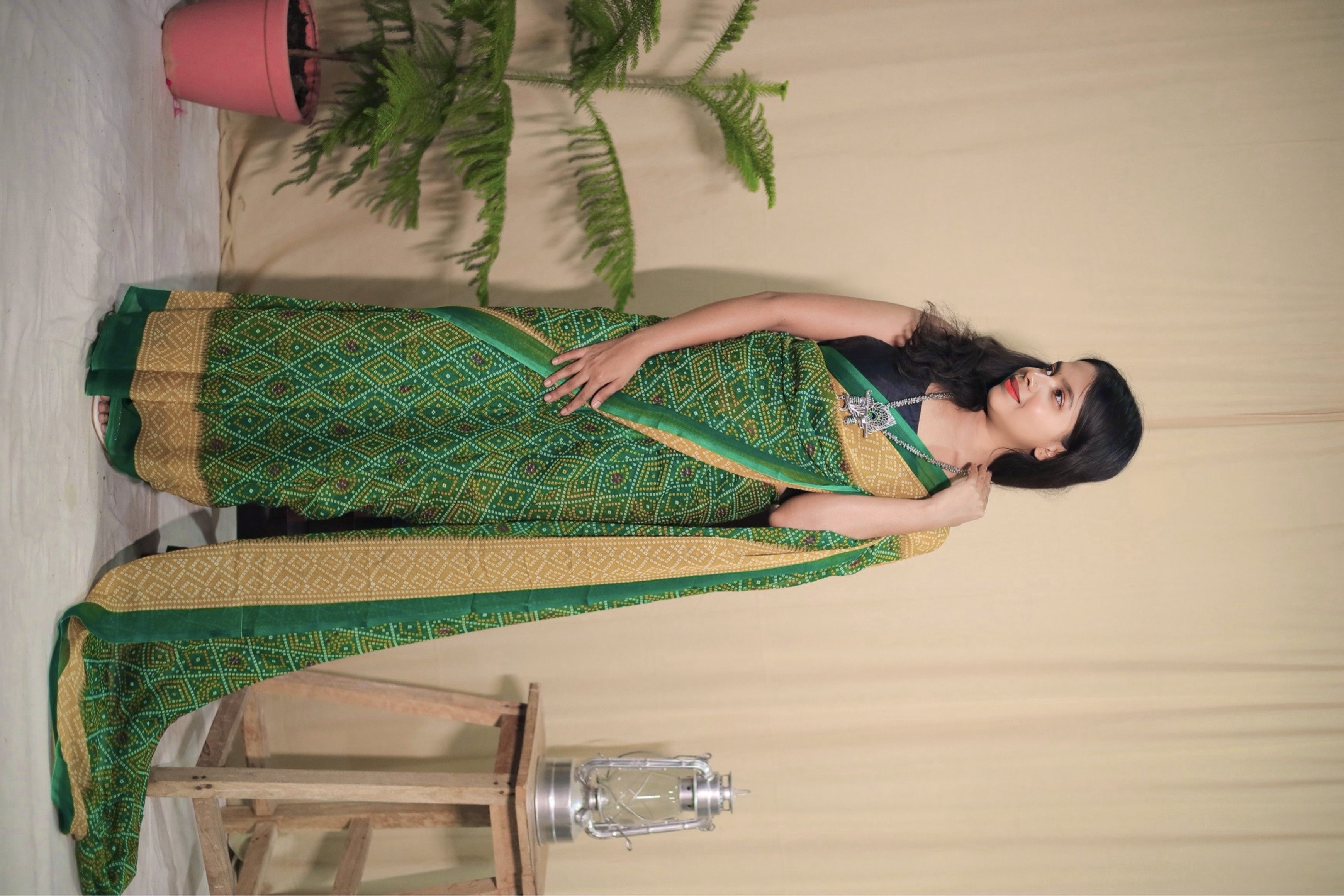 Deep Green & Yellow Georgette Printed Saree