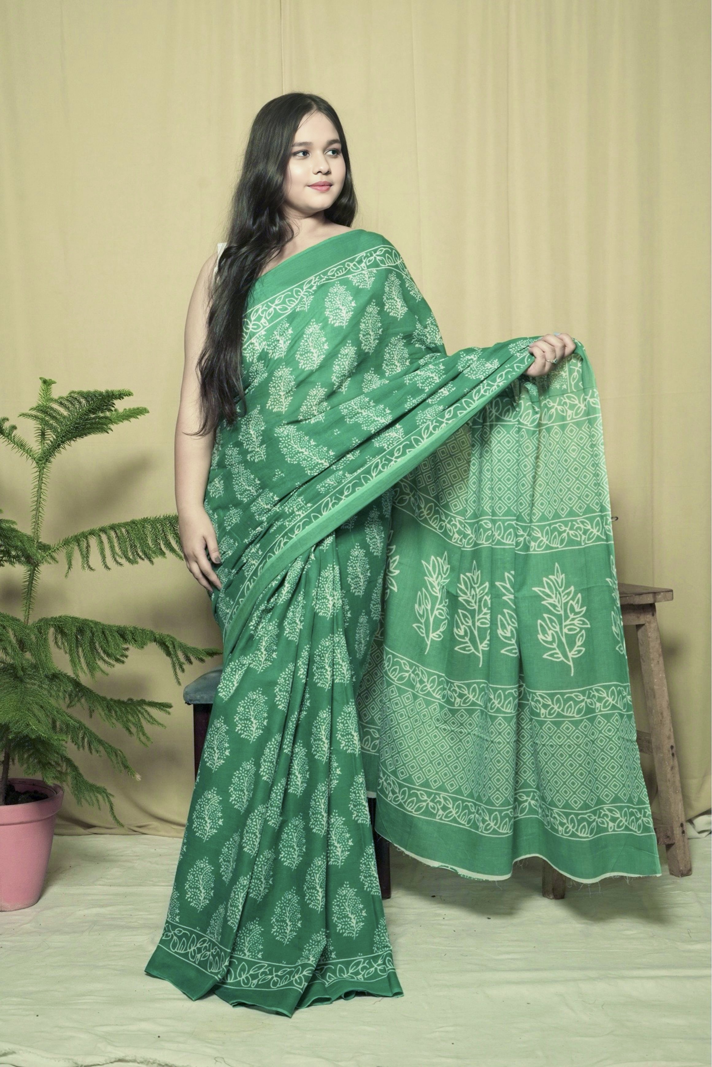 Green Mulmul Cotton Printed Saree