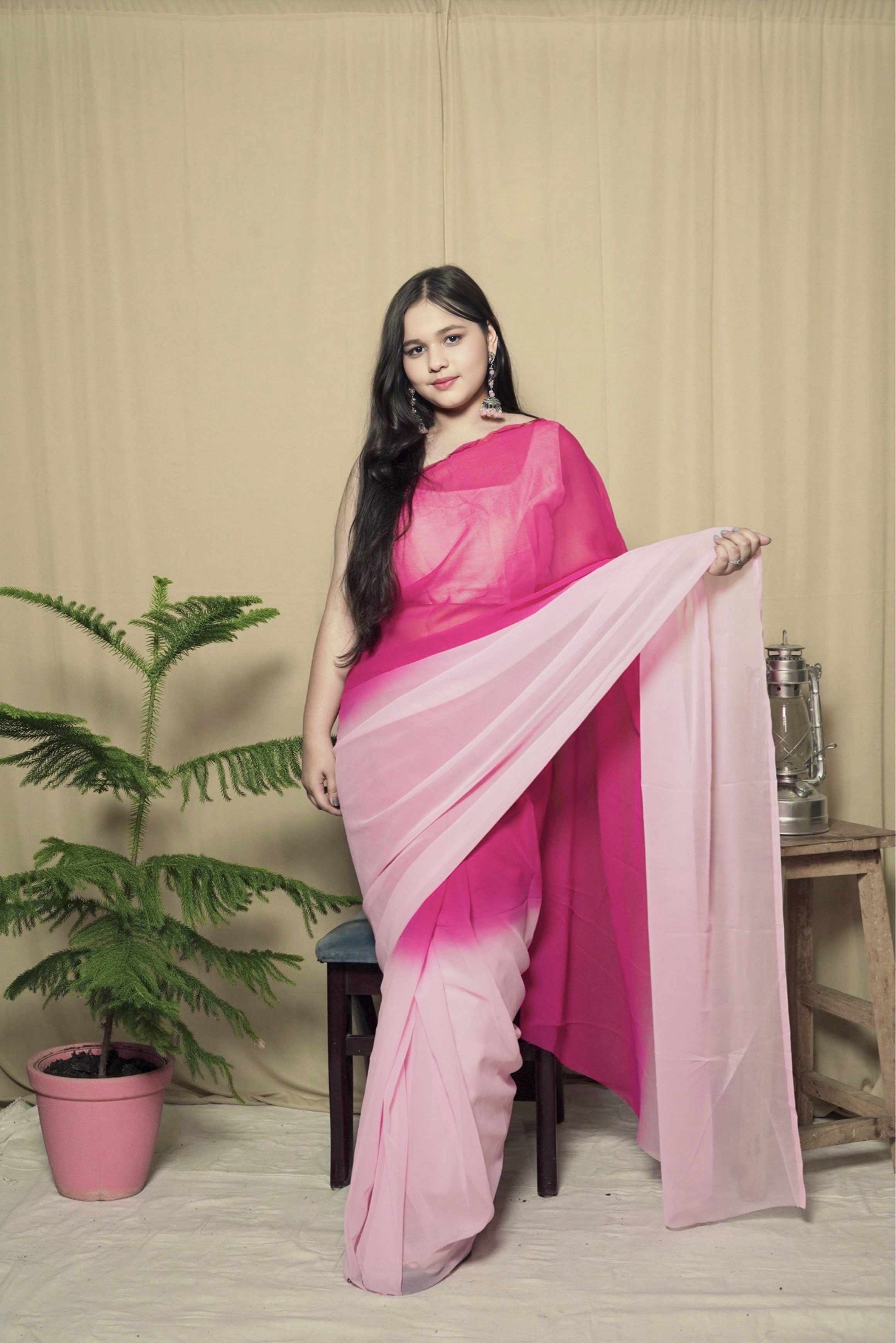 Pink Georgette Solid Saree