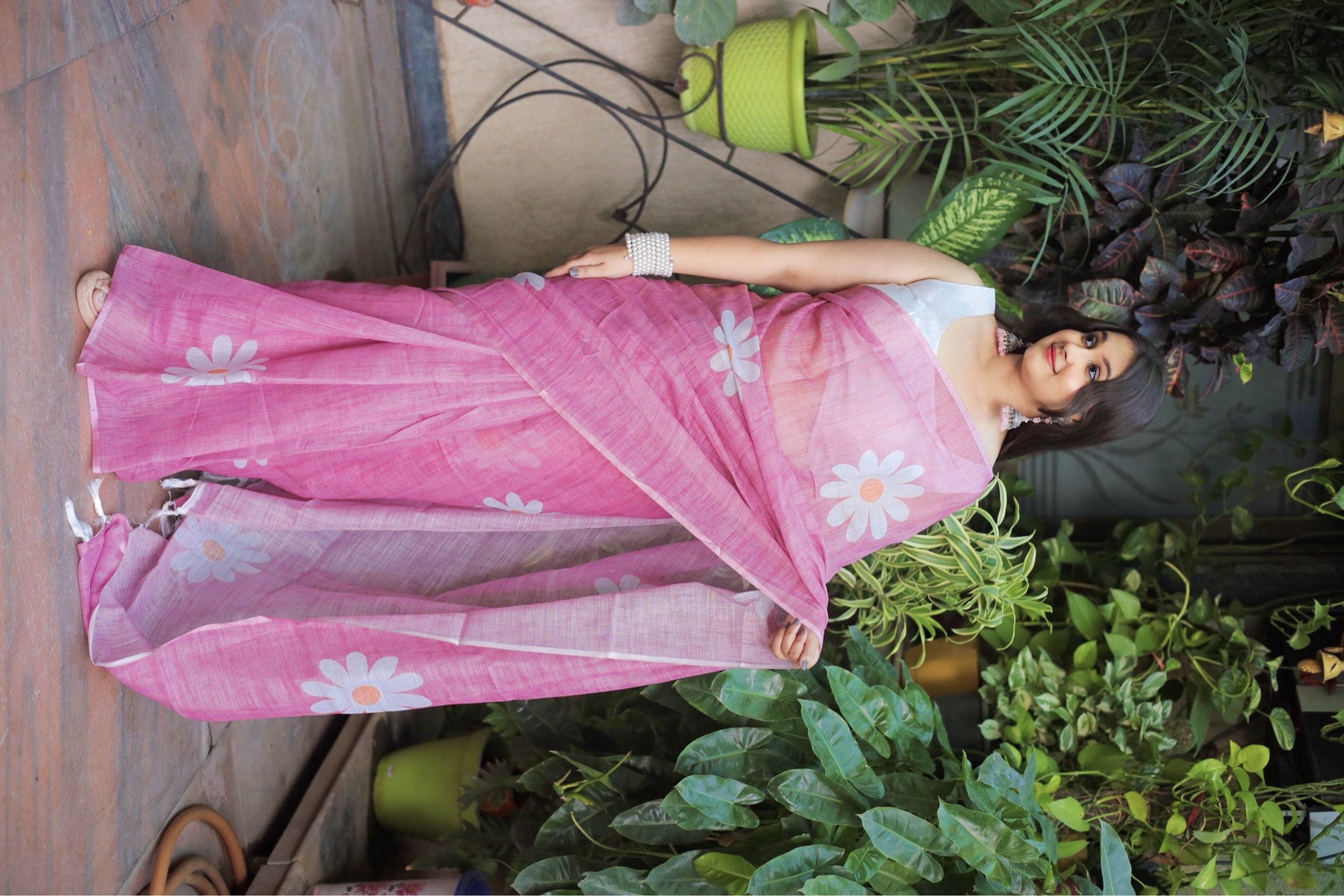 Pink Litchi Silk Floral Printed Saree With Unstitched Blouse Piece | For Women