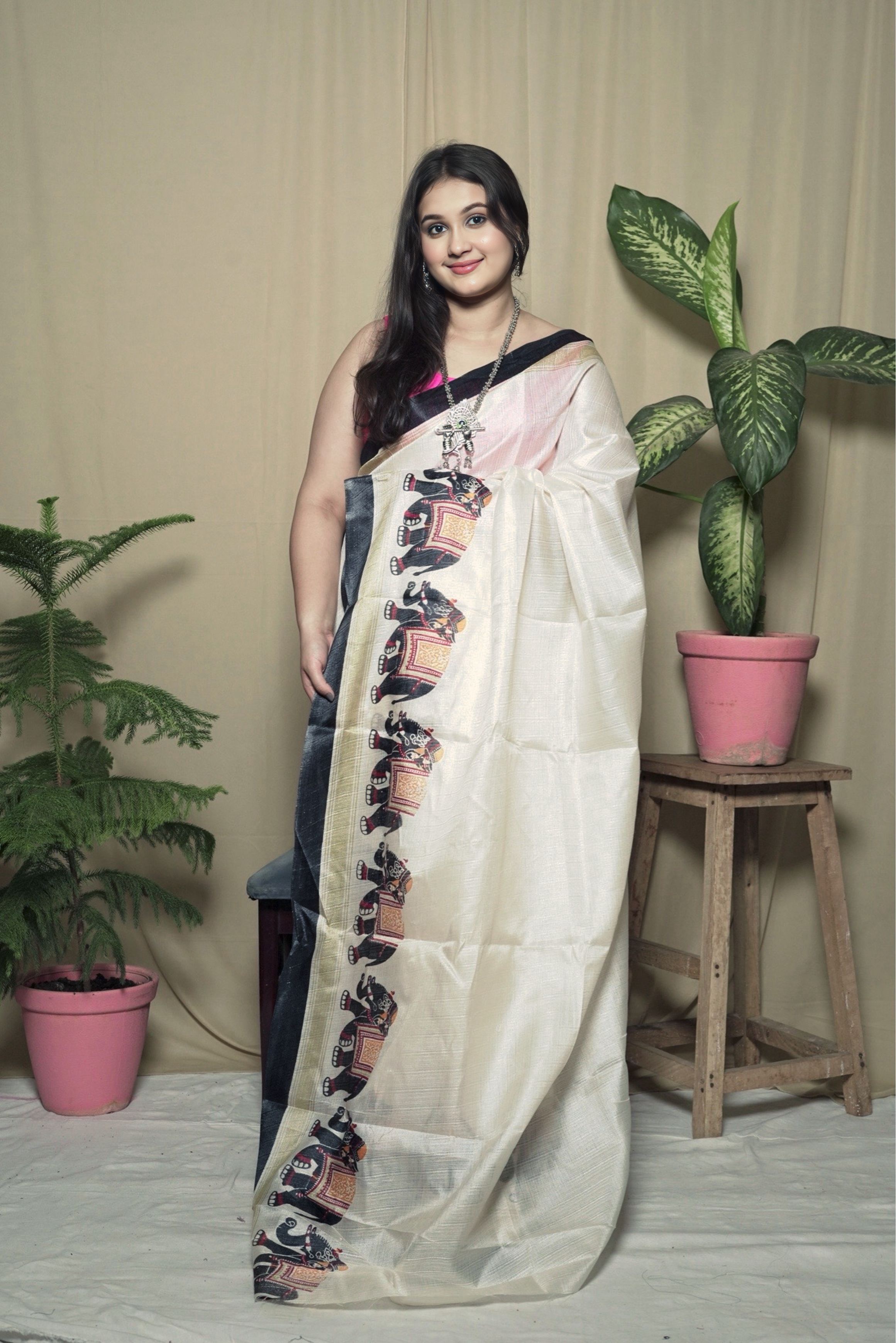 White Khadi Silk Elephant Motif & Zari Border Saree